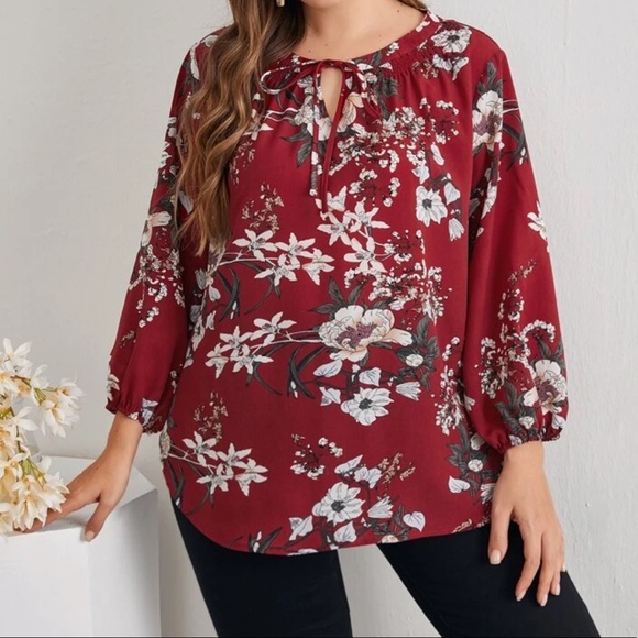 Boho plus size floral tie neck blouse - Picture 1 of 5